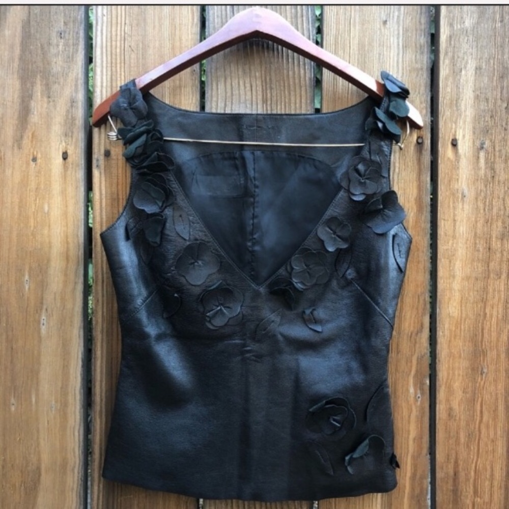Vintage black leather flower tank vneck bike top S